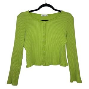 LACAUSA Bright Lime Green Ribbed Knit Stretch Lucy Crop Cardigan Small